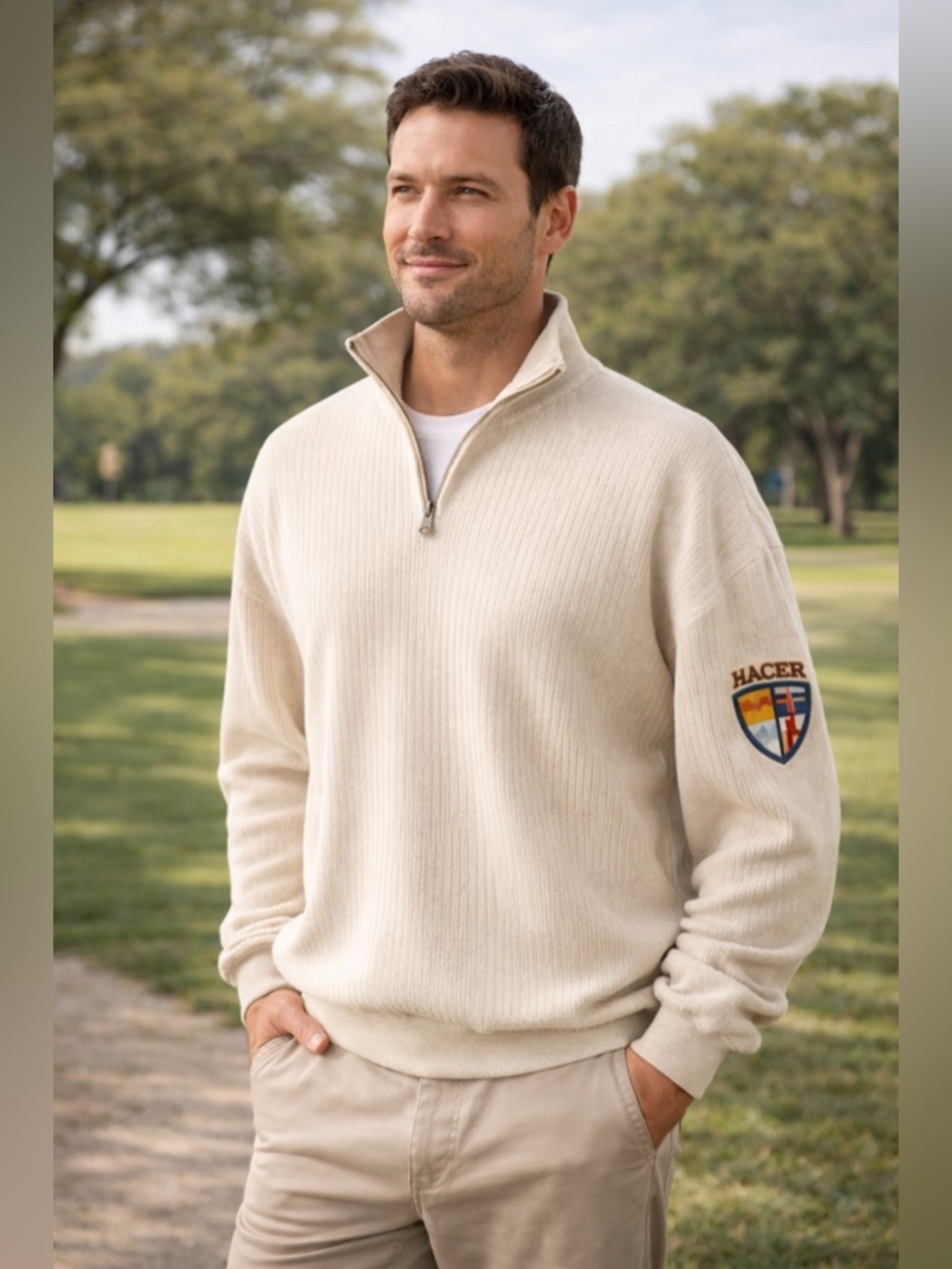 Cutter & Buck Dr Pepper Quarter Zip Sweater Cream Ribbed Golf Luxury Pullover